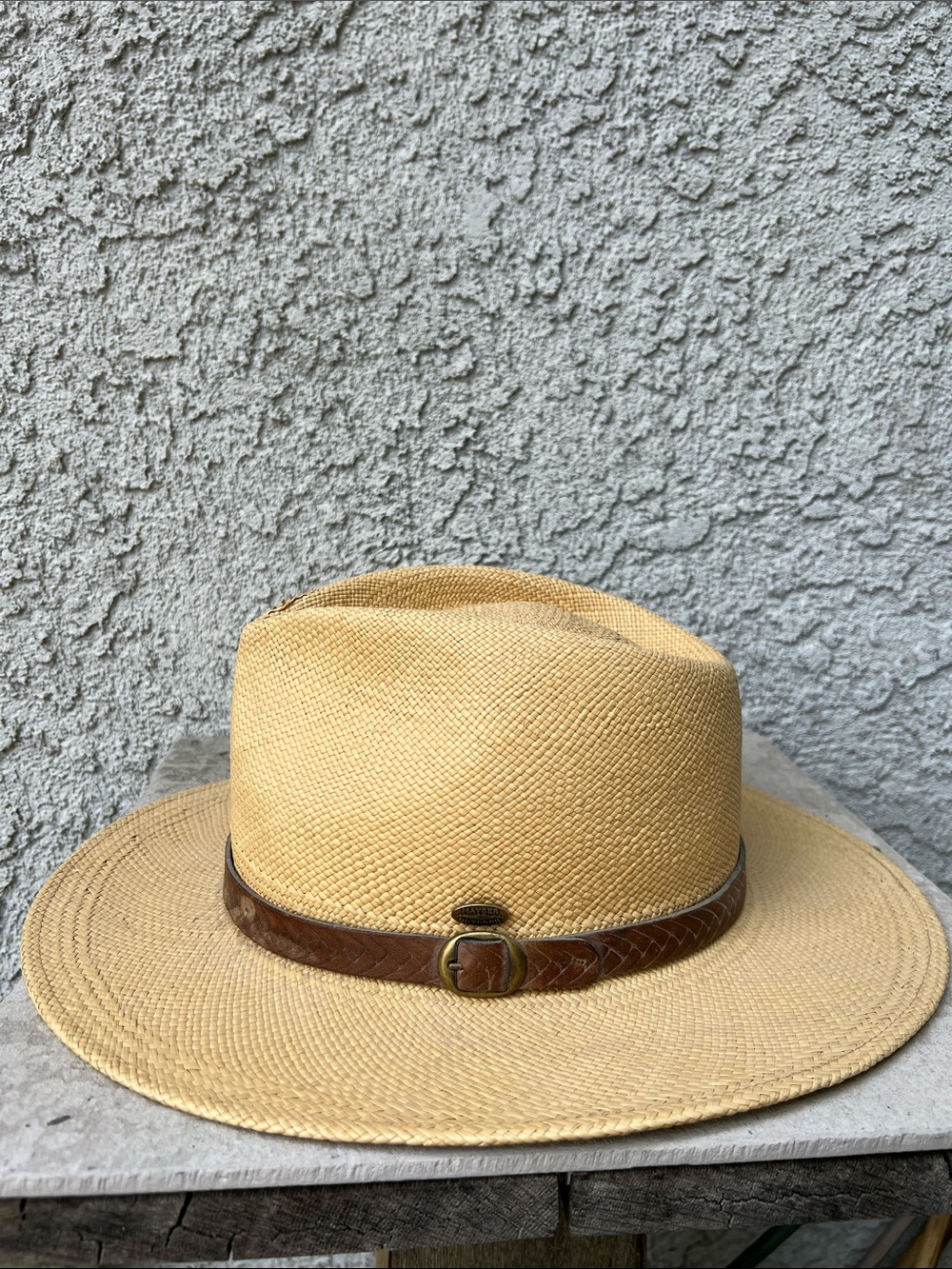 Vintage Mayser Outdoor Wide Brim Straw Hat with Brown Leather Band Men Boho